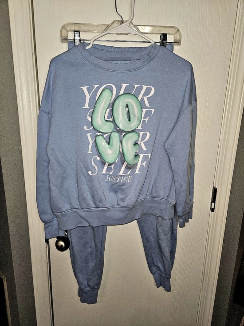 Justice Love Yourself Girls Size Large(12/14) Blue Sweatshirt Jogger Set